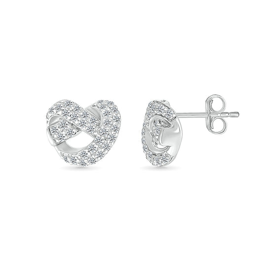 Love Knot 1/4 ct. tw. Diamond Knot Heart Earrings in Sterling Silver close-up detail