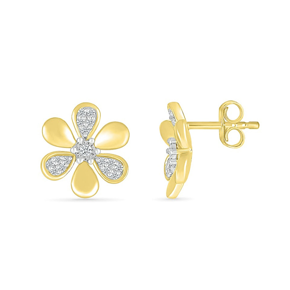 1/10 ct. tw. Diamond Flower Earrings with Miracle Plate in 10K Yellow Gold close-up detail