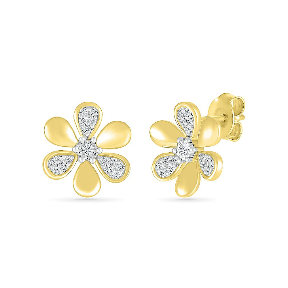 1/10 ct. tw. Diamond Flower Earrings with Miracle Plate in 10K Yellow Gold