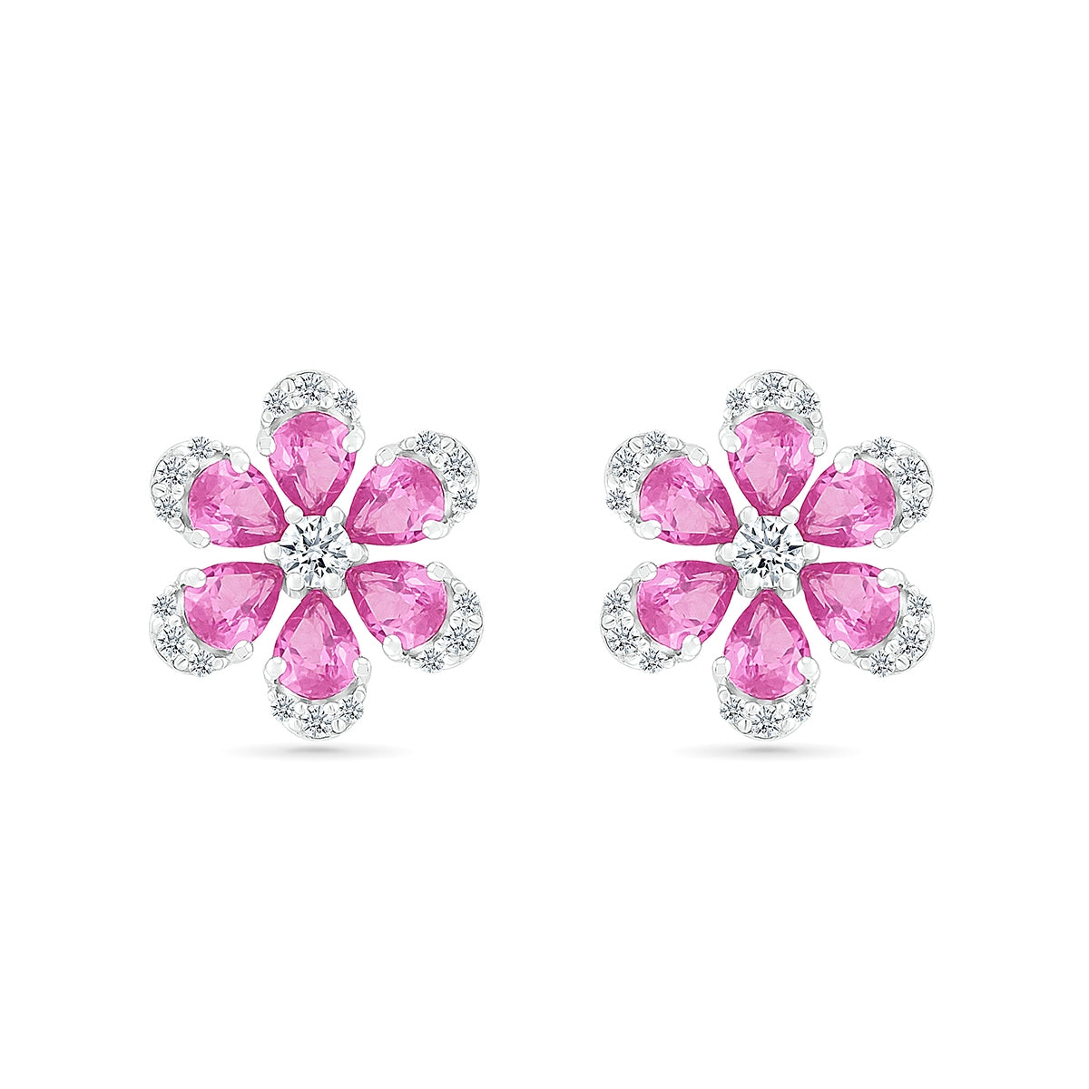 Created Pink & White Sapphire Flower Earrings in Sterling Silver front view