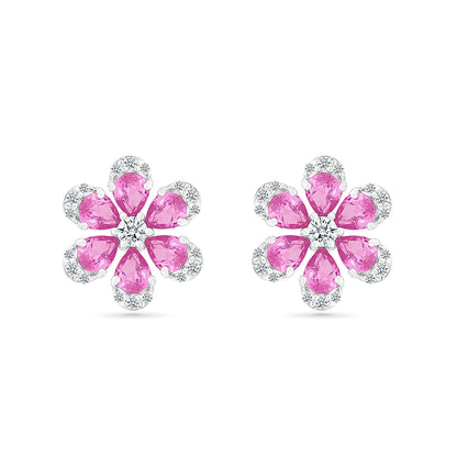 Created Pink & White Sapphire Flower Earrings in Sterling Silver front view