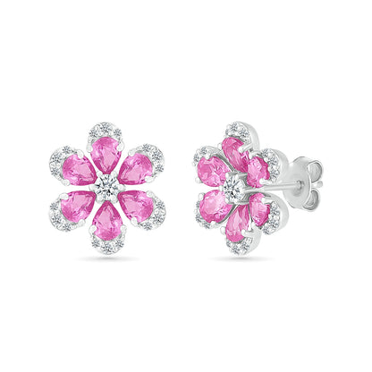Created Pink & White Sapphire Flower Earrings in Sterling Silver