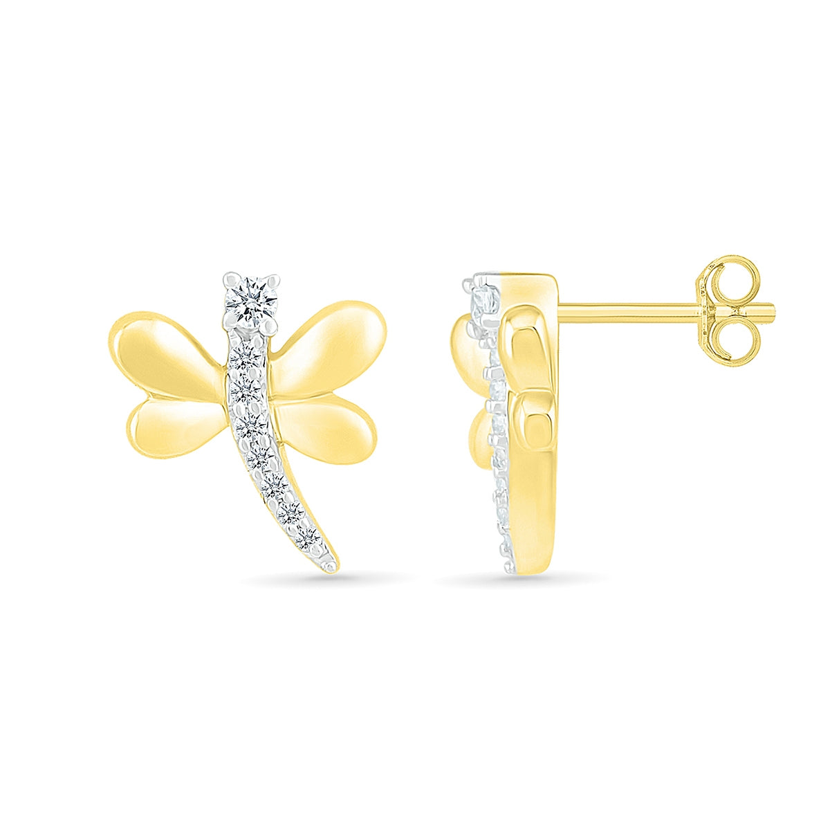 Diamond Accent Petite Dragonfly Earrings in 10K Yellow Gold close-up detail