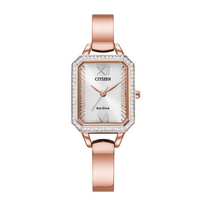 Citizen Ladies' Silhouette Crystal Pink Gold-Tone Stainless Steel Watch with Rectangle Silver Dial