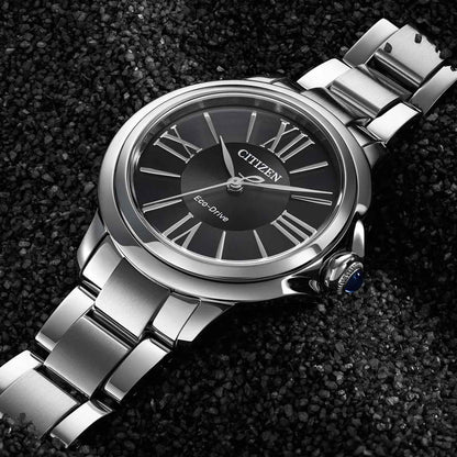 Citizen Ladies' L Ceci Eco-Drive Stainless Steel Watch with Black Dial close-up detail