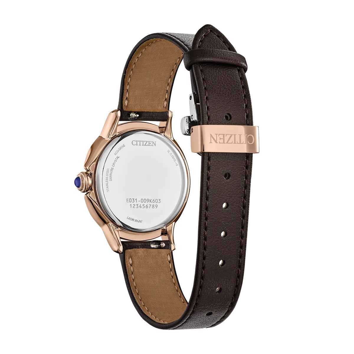 Citizen Ladies' L Ceci Eco-Drive Rose Gold-Tone Stainless Steel Watch with Brown Dial & Leather Strap front view