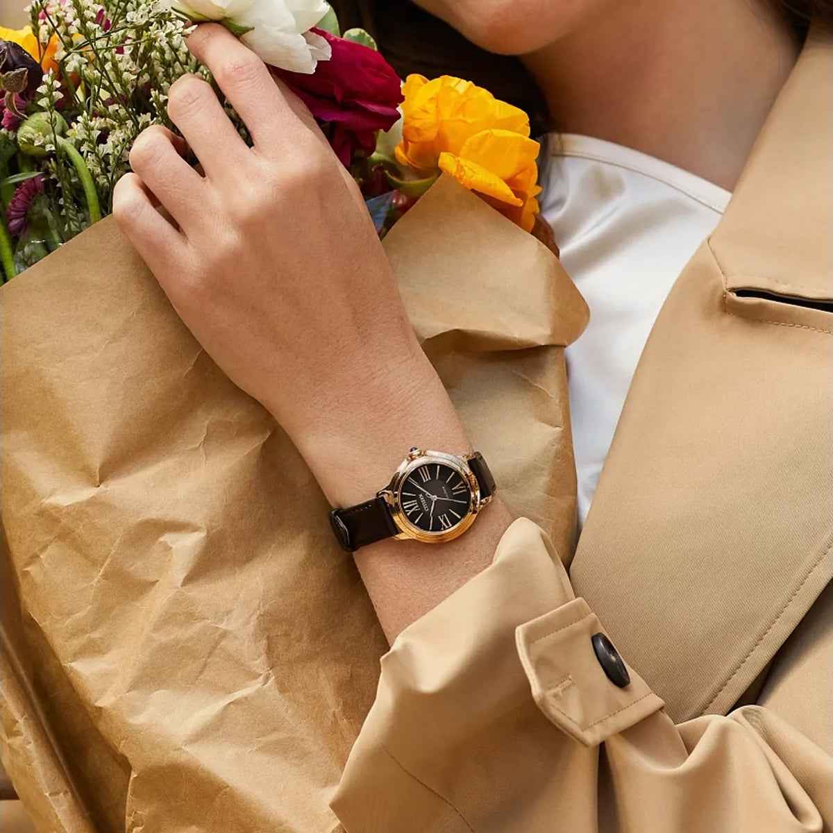 Citizen Ladies' L Ceci Eco-Drive Rose Gold-Tone Stainless Steel Watch with Brown Dial & Leather Strap close-up detail
