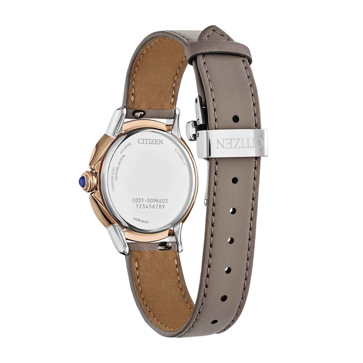 Citizen Ladies' L Ceci Eco-Drive Rose Gold-Tone Stainless Steel Watch with Taupe Dial & Leather Strap front view