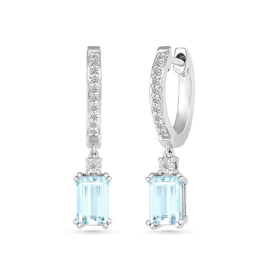 Emerald Cut Aquamarine & Created White Sapphire Huggie Hoop Drop Earrings in 10K White Gold