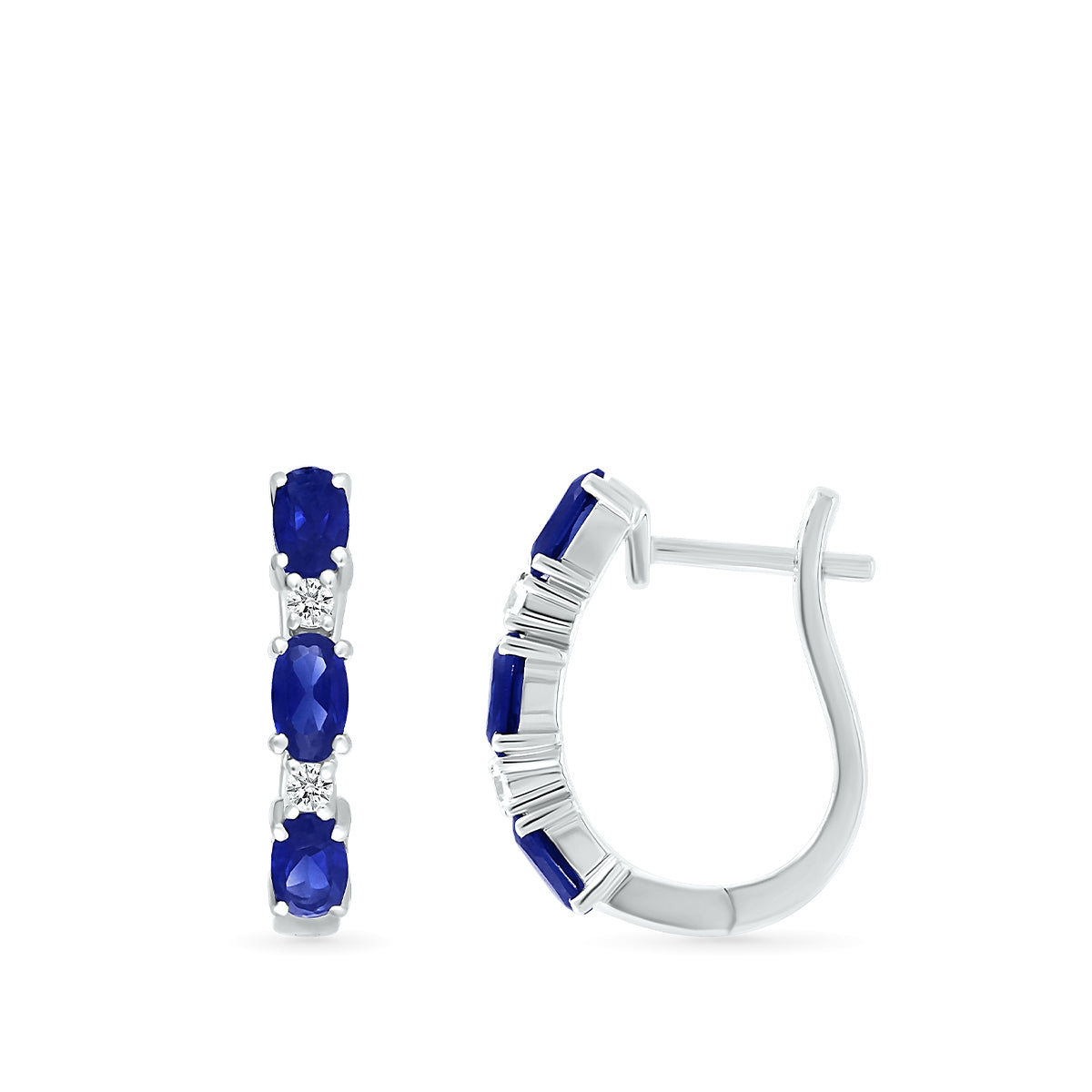 Oval Sapphire & 1/10 ct. tw. Diamond U-Hoop Earrings in 10K White Gold close-up detail