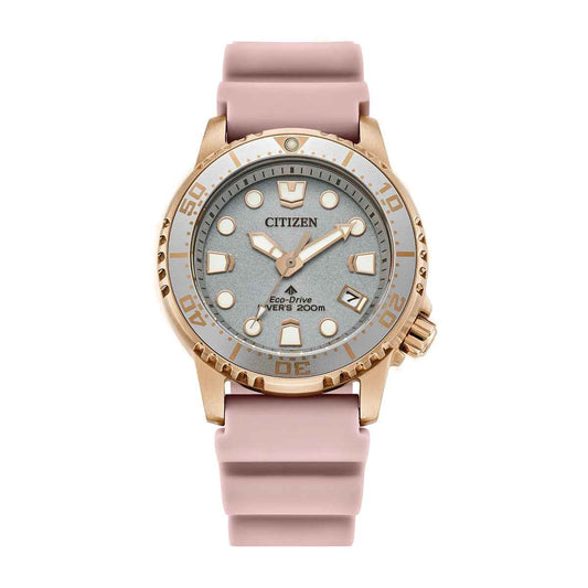 Citizen Ladies' Promaster Dive Eco-Drive Rose Gold-Tone Stainless Steel Watch with Silver Dial & Pink Polyurethane Strap