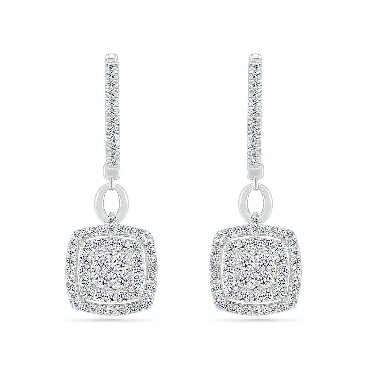 Fairytale Diamonds 3/4 ct. tw. Diamond Cushion Double Halo Drop Hoop Earrings in 10K White Gold front view