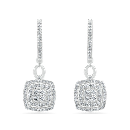 Fairytale Diamonds 3/4 ct. tw. Diamond Cushion Double Halo Drop Hoop Earrings in 10K White Gold front view