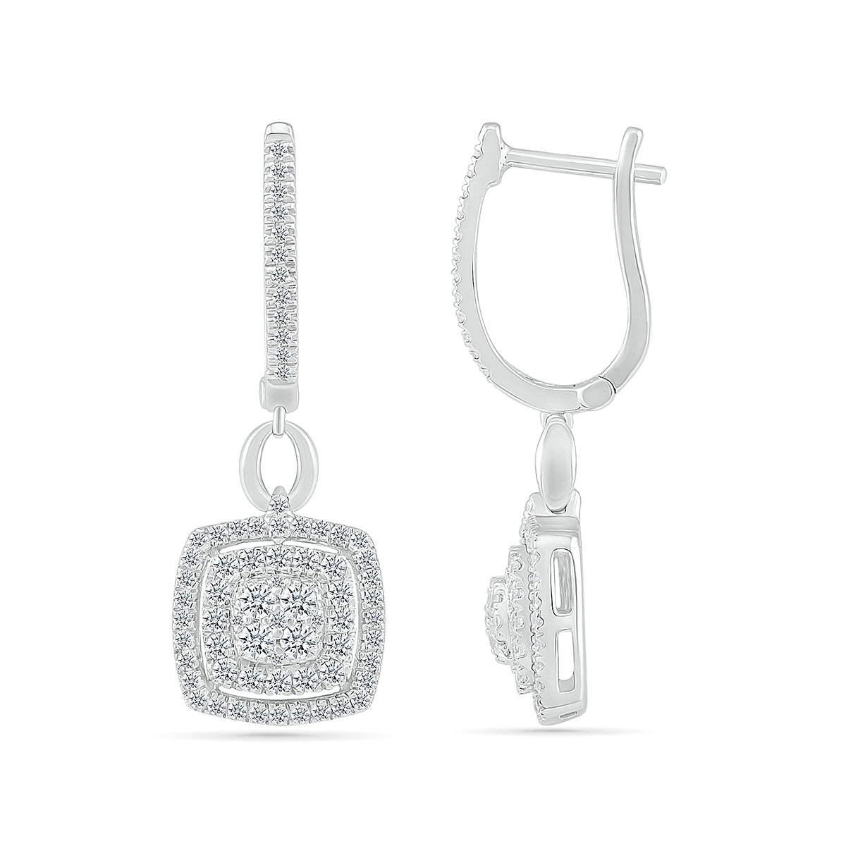 Fairytale Diamonds 3/4 ct. tw. Diamond Cushion Double Halo Drop Hoop Earrings in 10K White Gold close-up detail