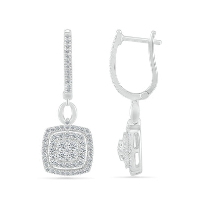 Fairytale Diamonds 3/4 ct. tw. Diamond Cushion Double Halo Drop Hoop Earrings in 10K White Gold close-up detail