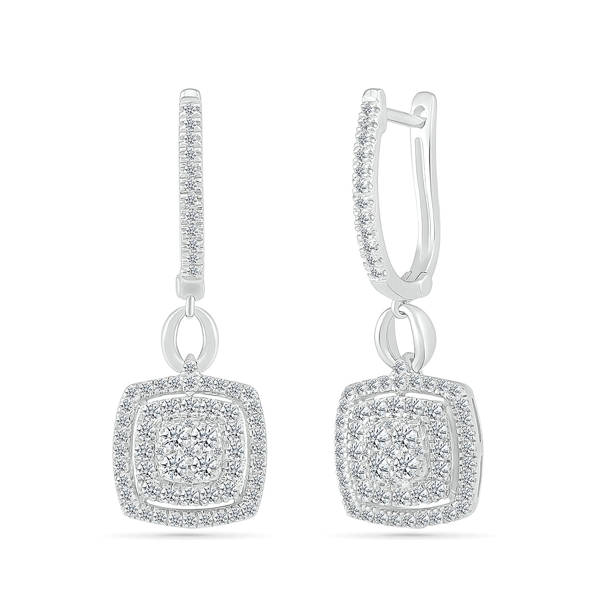 Fairytale Diamonds 3/4 ct. tw. Diamond Cushion Double Halo Drop Hoop Earrings in 10K White Gold
