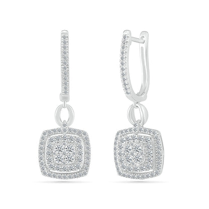 Fairytale Diamonds 3/4 ct. tw. Diamond Cushion Double Halo Drop Hoop Earrings in 10K White Gold