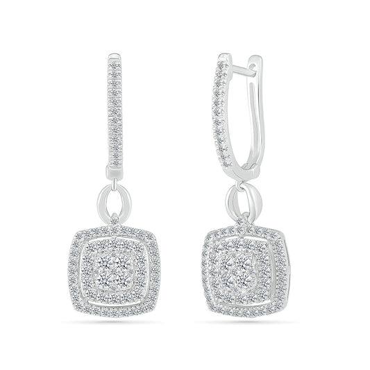 Fairytale Diamonds 3/4 ct. tw. Diamond Cushion Double Halo Drop Hoop Earrings in 10K White Gold