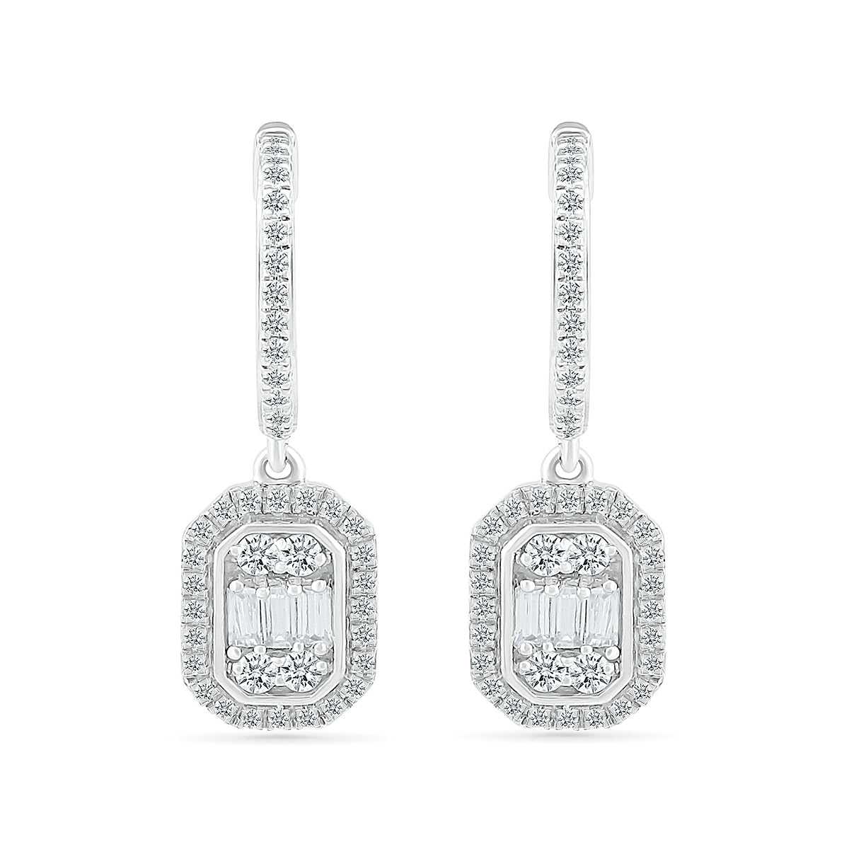1/2 ct. tw. Round & Baguette Diamond Emerald-Shaped Cluster Drop Hoop Earrings in 10K White Gold front view