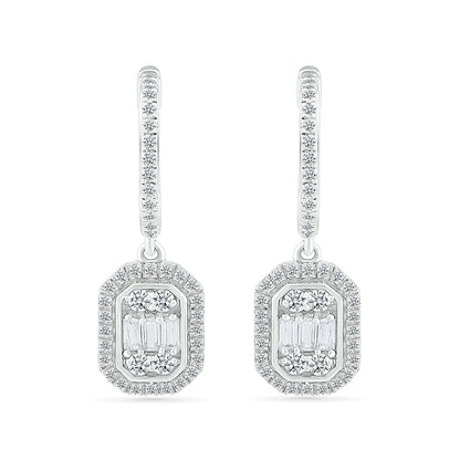 1/2 ct. tw. Round & Baguette Diamond Emerald-Shaped Cluster Drop Hoop Earrings in 10K White Gold front view