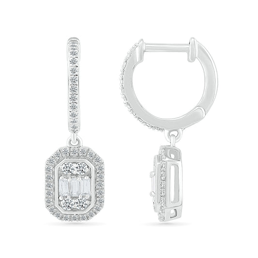1/2 ct. tw. Round & Baguette Diamond Emerald-Shaped Cluster Drop Hoop Earrings in 10K White Gold close-up detail