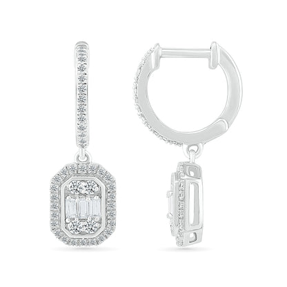 1/2 ct. tw. Round & Baguette Diamond Emerald-Shaped Cluster Drop Hoop Earrings in 10K White Gold close-up detail