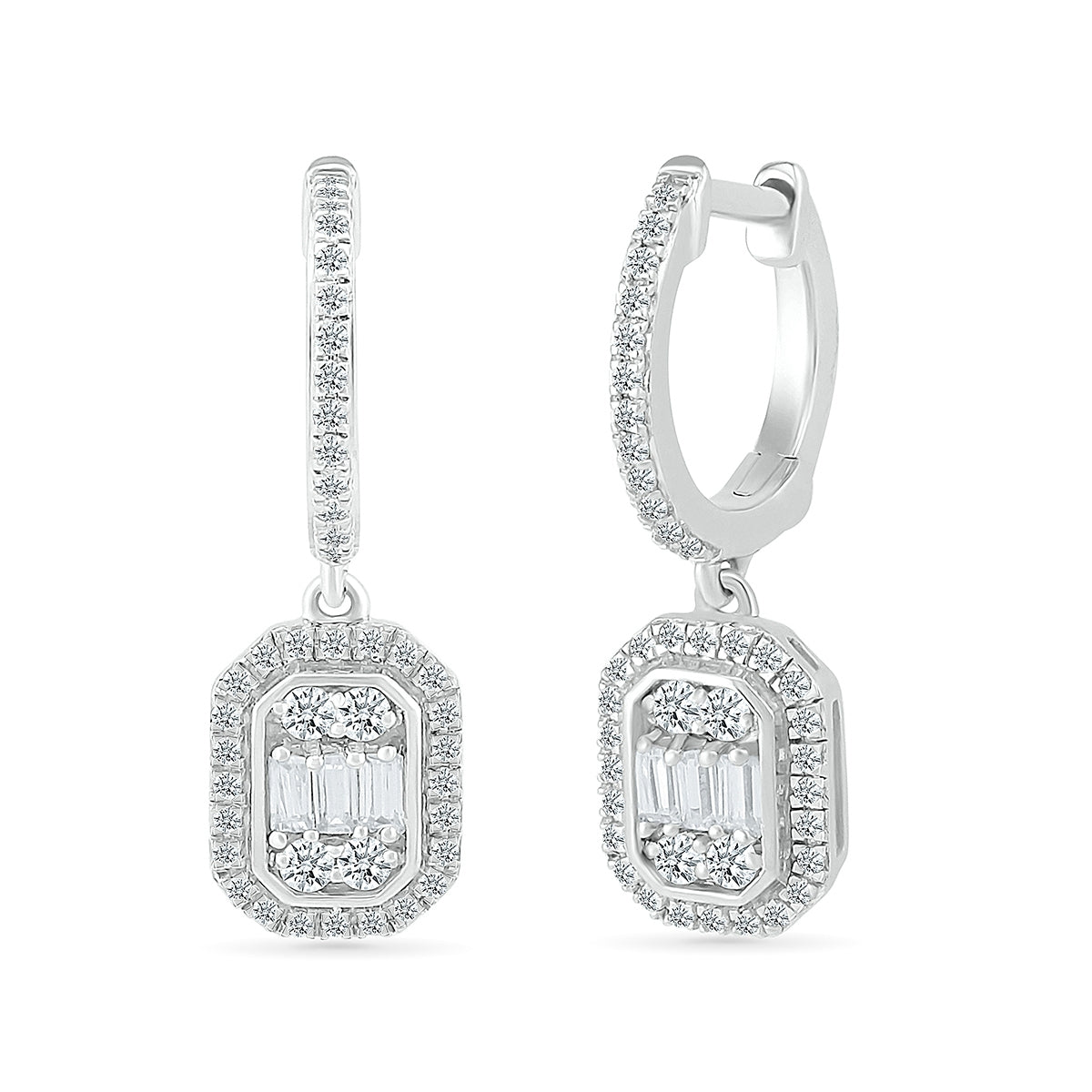 1/2 ct. tw. Round & Baguette Diamond Emerald-Shaped Cluster Drop Hoop Earrings in 10K White Gold