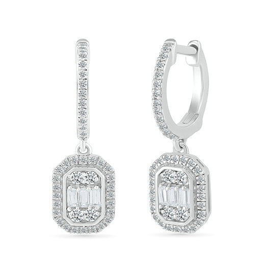 1/2 ct. tw. Round & Baguette Diamond Emerald-Shaped Cluster Drop Hoop Earrings in 10K White Gold