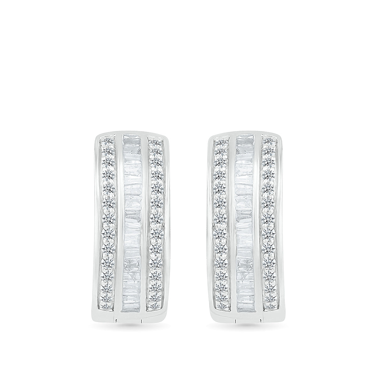 1/2 ct. tw. Baguette & Round Diamond Multi-Row Hoops in 10K White Gold front view