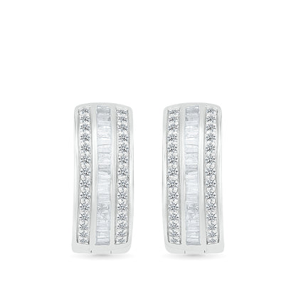 1/2 ct. tw. Baguette & Round Diamond Multi-Row Hoops in 10K White Gold front view