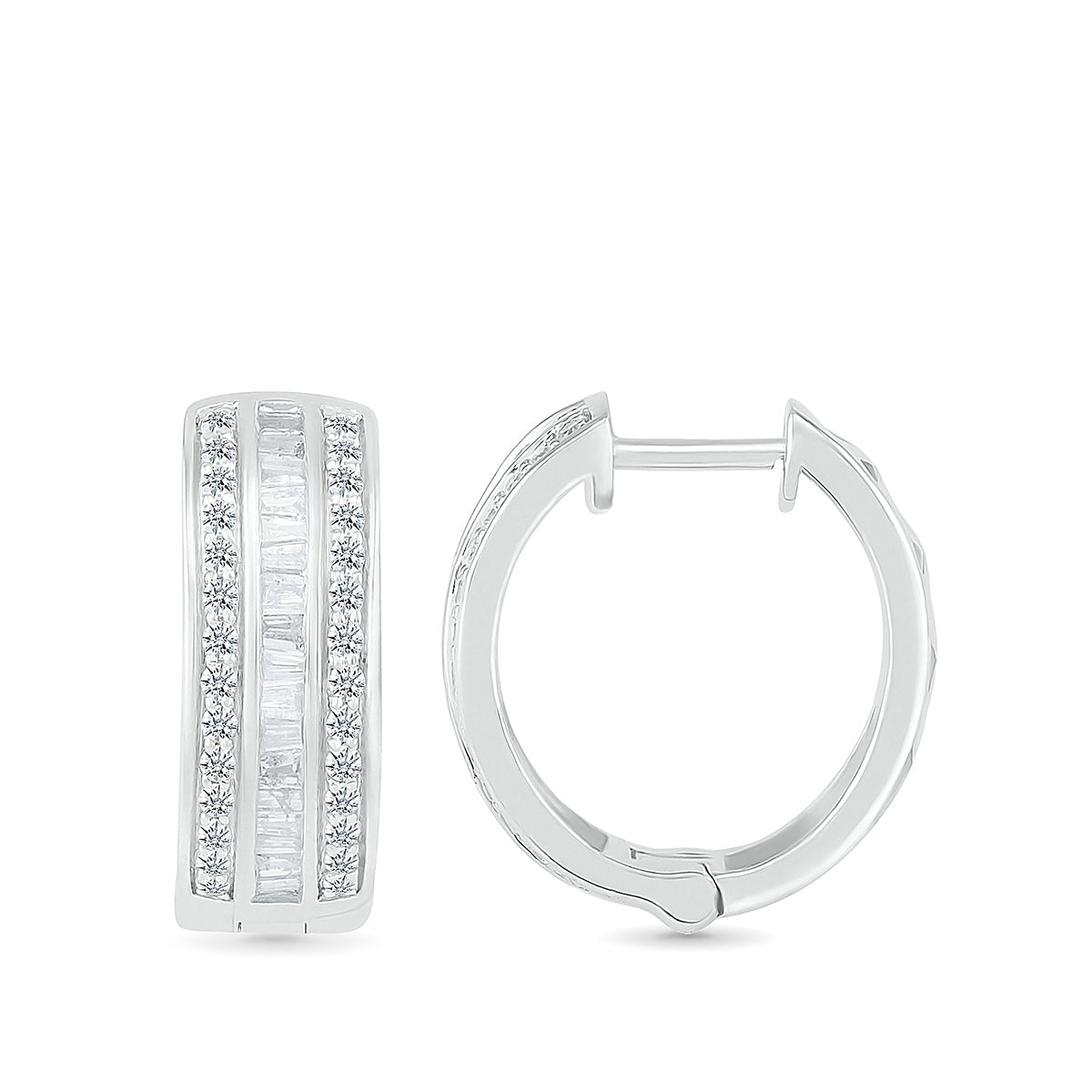 1/2 ct. tw. Baguette & Round Diamond Multi-Row Hoops in 10K White Gold close-up detail