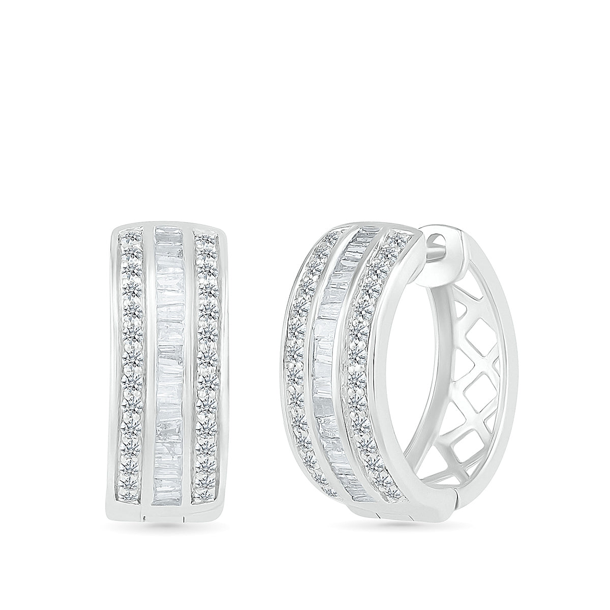 1/2 ct. tw. Baguette & Round Diamond Multi-Row Hoops in 10K White Gold