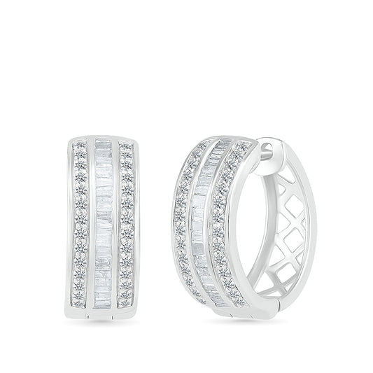 1/2 ct. tw. Baguette & Round Diamond Multi-Row Hoops in 10K White Gold