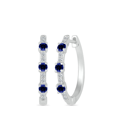 Sapphire & 1/6 ct. tw. Diamond Hoop Earrings in 10K White Gold