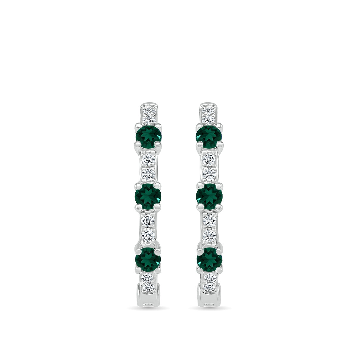 Emerald & 1/6 ct. tw. Diamond Hoop Earrings in 10K White Gold front view