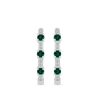 Emerald & 1/6 ct. tw. Diamond Hoop Earrings in 10K White Gold front view