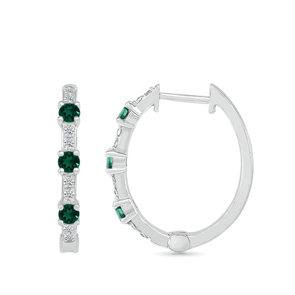 Emerald & 1/6 ct. tw. Diamond Hoop Earrings in 10K White Gold close-up detail