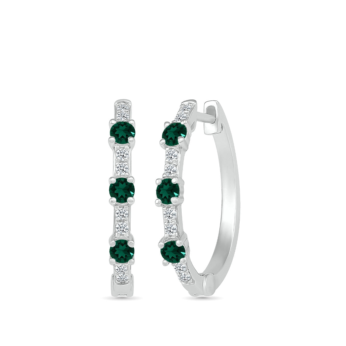 Emerald & 1/6 ct. tw. Diamond Hoop Earrings in 10K White Gold