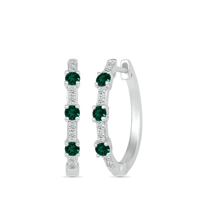 Emerald & 1/6 ct. tw. Diamond Hoop Earrings in 10K White Gold