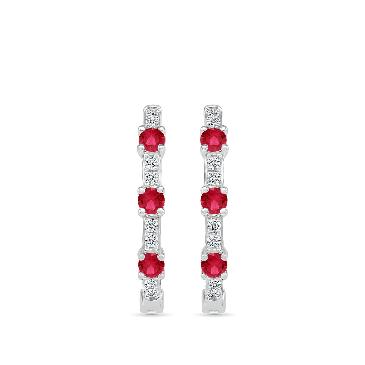 Ruby & 1/6 ct. tw. Diamond Hoop Earrings in 10K White Gold front view