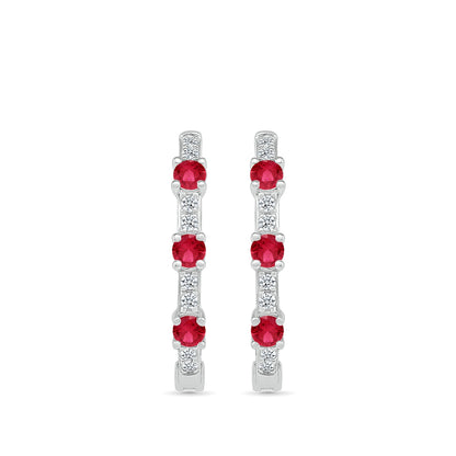 Ruby & 1/6 ct. tw. Diamond Hoop Earrings in 10K White Gold front view