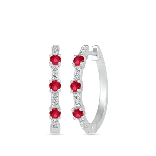 Ruby & 1/6 ct. tw. Diamond Hoop Earrings in 10K White Gold