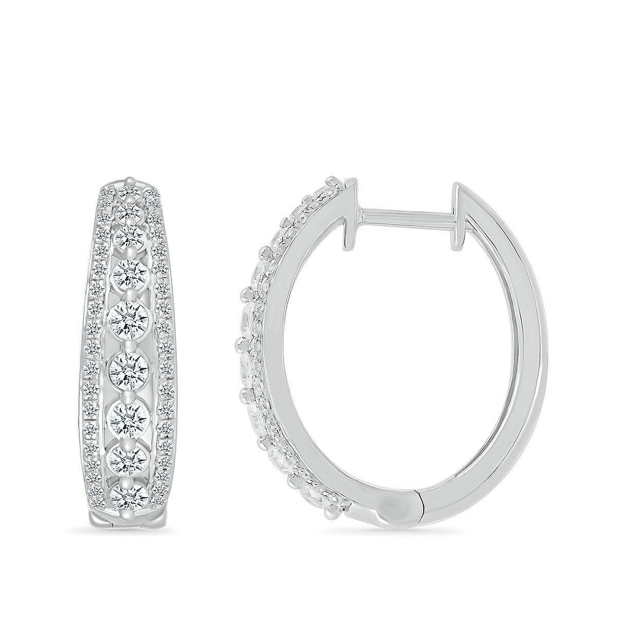 1 ct. tw. Diamond Multirow Oval Hoop Earrings in 10K White Gold front view