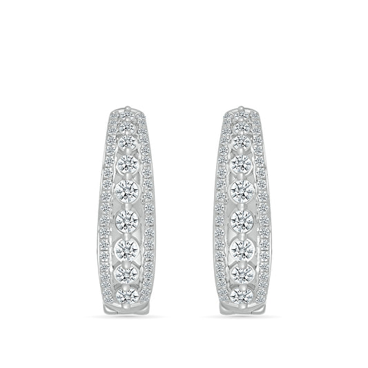 1 ct. tw. Diamond Multirow Oval Hoop Earrings in 10K White Gold close-up detail
