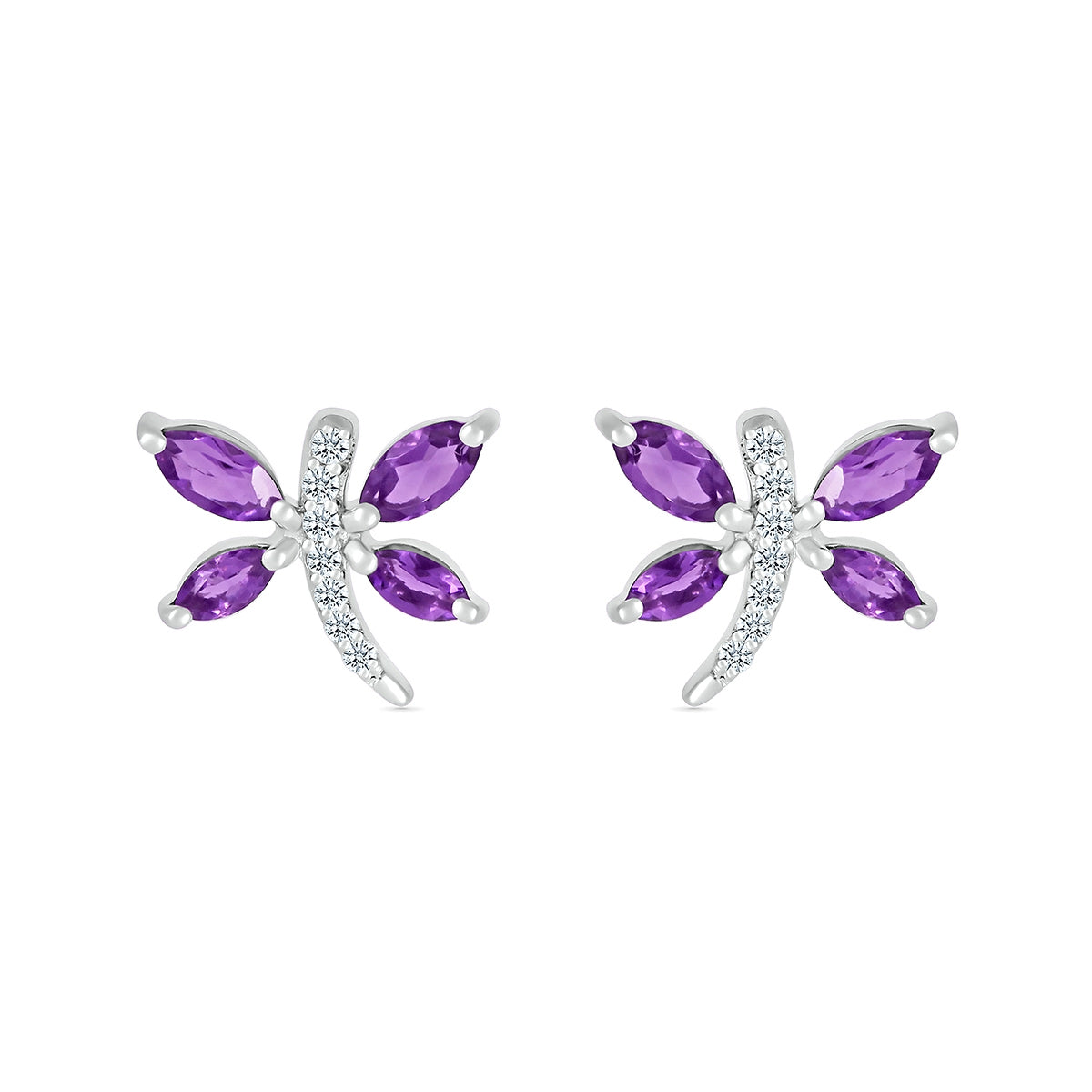 Marquise Amethyst & Diamond Accent Dragonfly Earrings in Sterling Silver front view