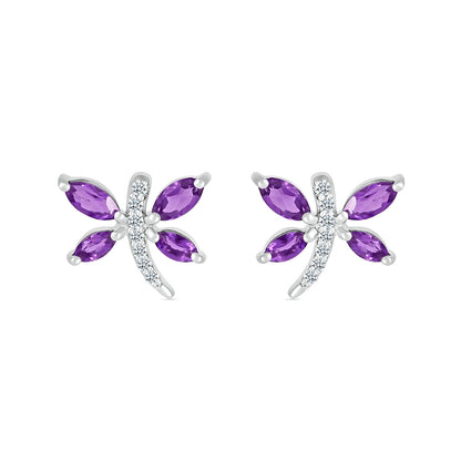 Marquise Amethyst & Diamond Accent Dragonfly Earrings in Sterling Silver front view
