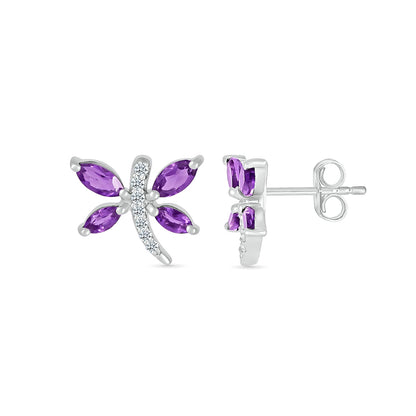 Marquise Amethyst & Diamond Accent Dragonfly Earrings in Sterling Silver close-up detail
