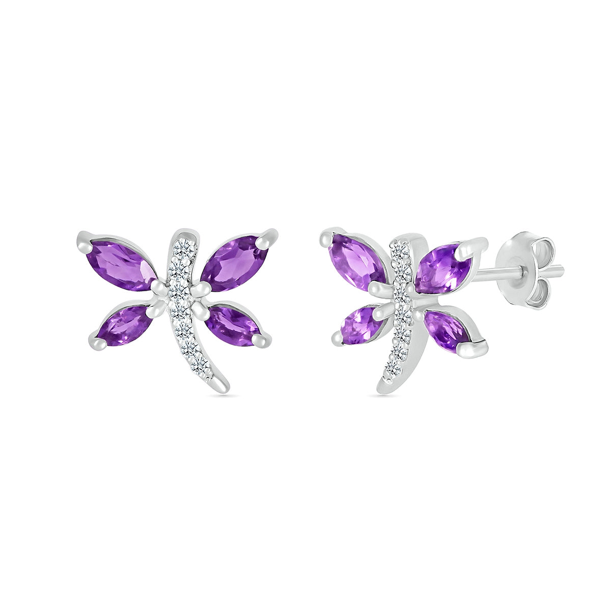 Marquise Amethyst & Diamond Accent Dragonfly Earrings in Sterling Silver