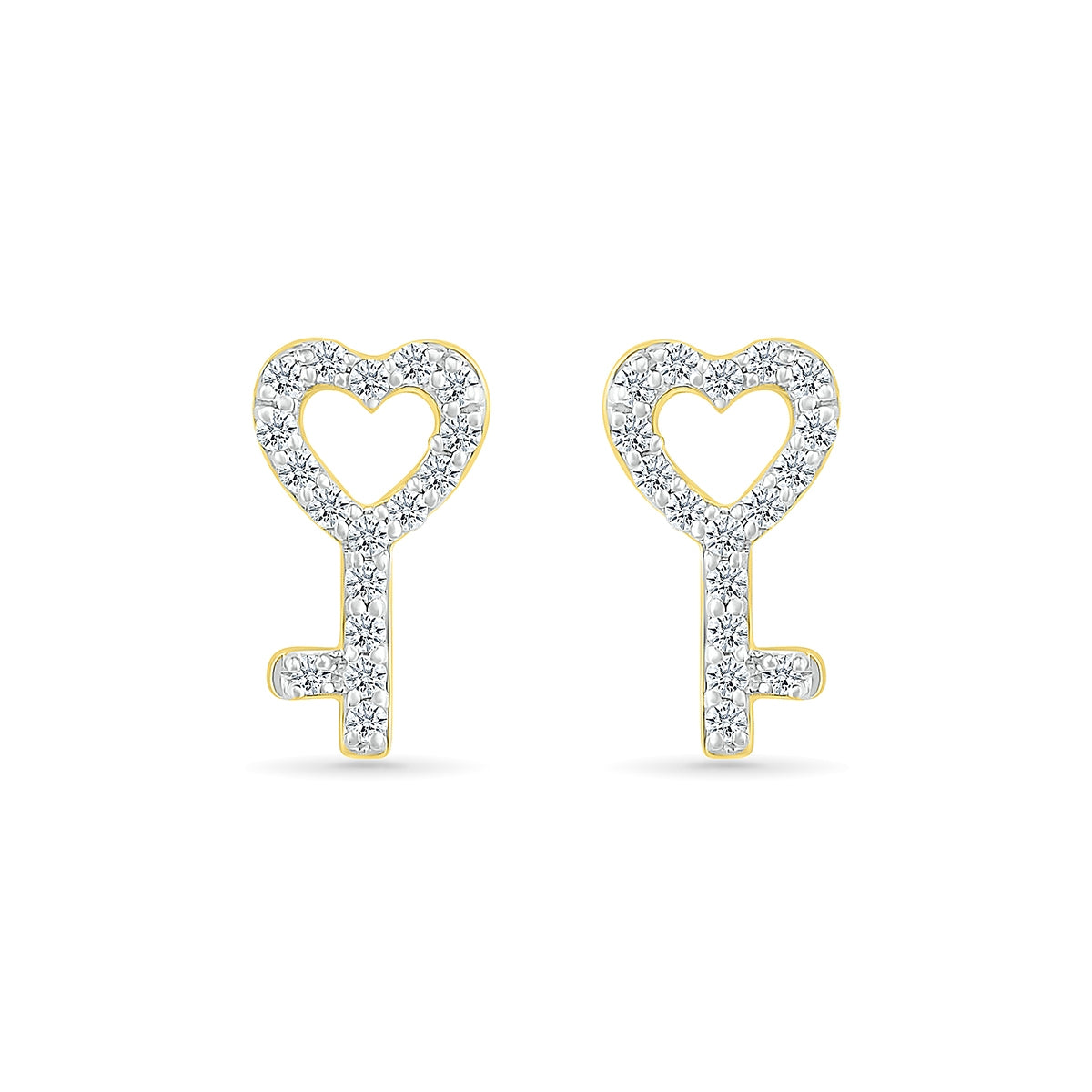 1/8 ct. tw. Diamond Petite Heart Key Earrings in 10K Yellow Gold front view