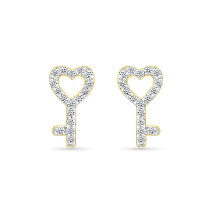 1/8 ct. tw. Diamond Petite Heart Key Earrings in 10K Yellow Gold front view